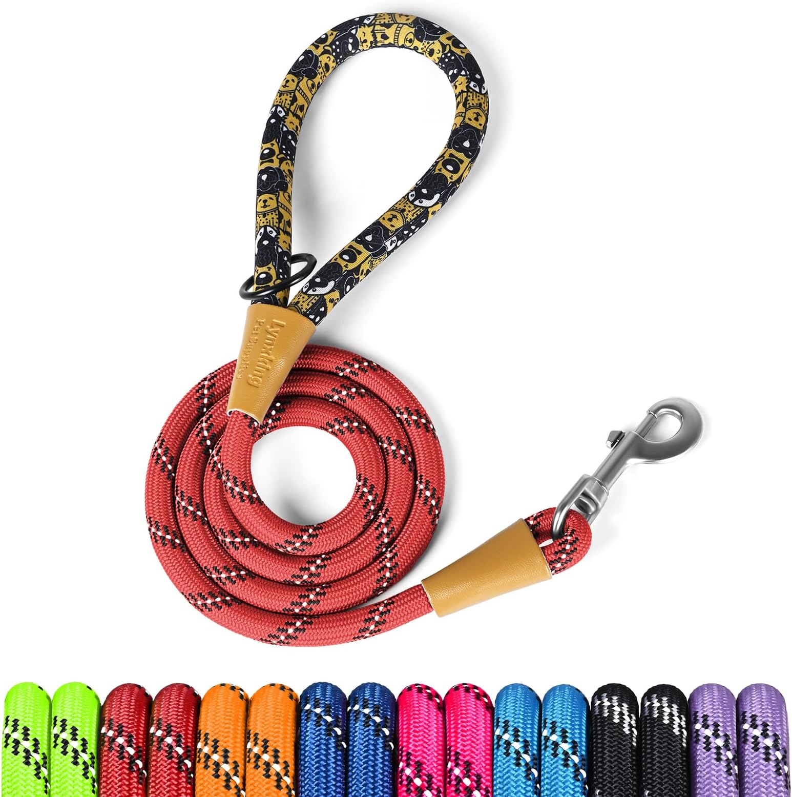 lynxking Rope Dog Leash 6 FT with Comfortable Padded Handle, Highly Reflective Threads Leash for Small Medium Large Dogs (Red, Small 3/8in x 6ft-Rope Clasp)