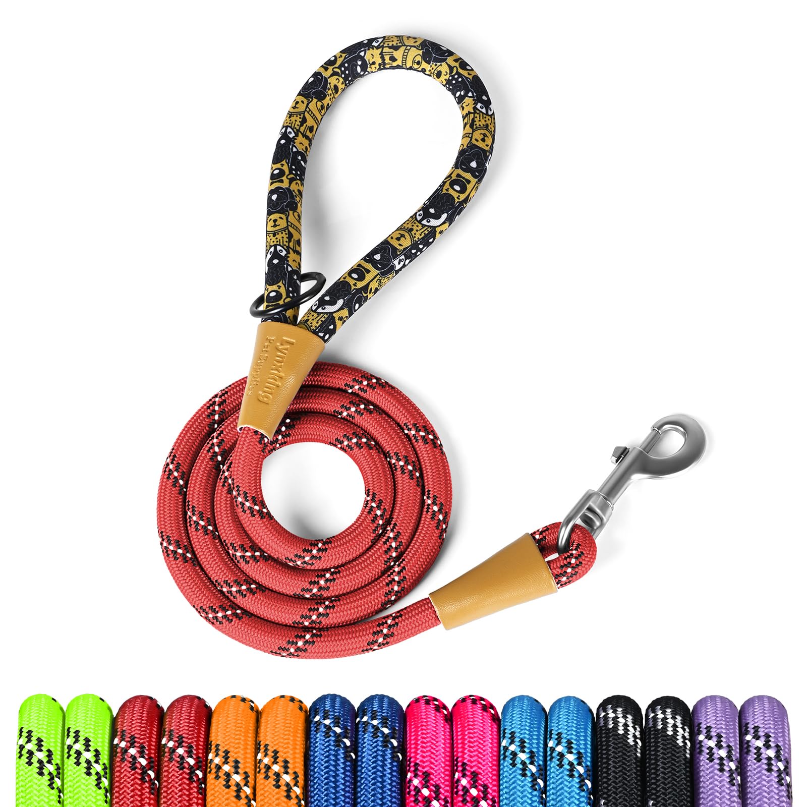 lynxking Rope Dog Leash 6 FT with Comfortable Padded Handle, Highly Reflective Threads Leash for Small Medium Large Dogs (Red, Small 3/8in x 6ft-Rope Clasp)