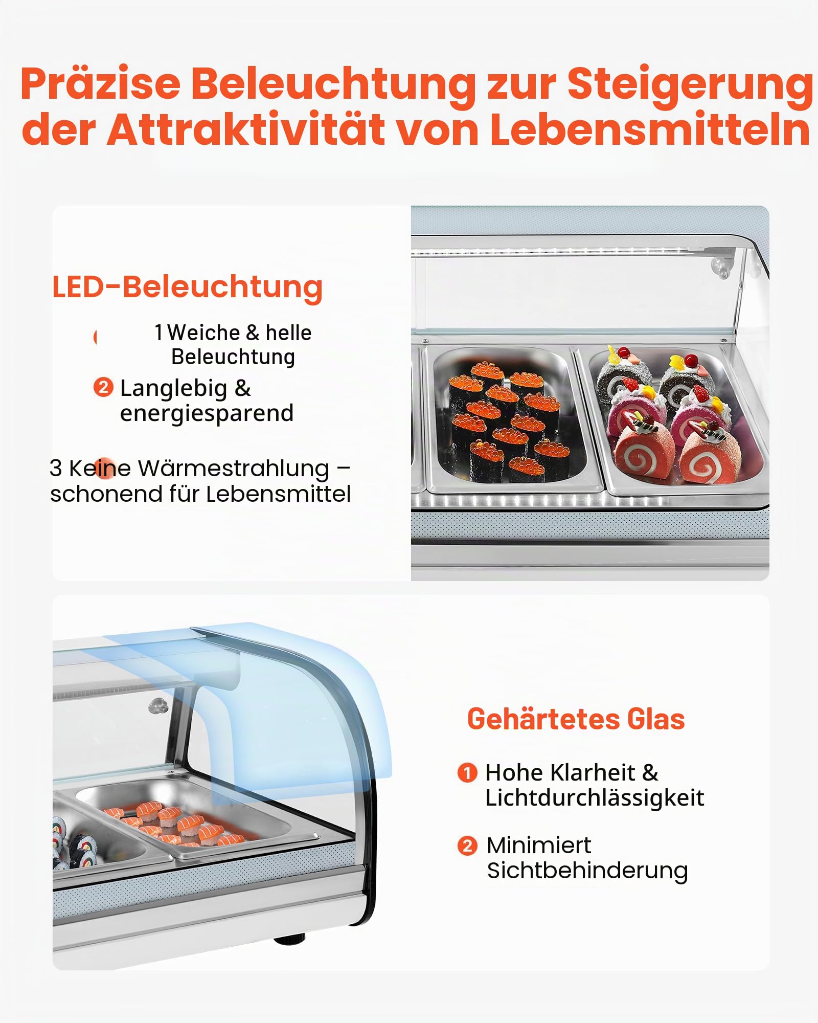 VEVOR Sushi Kühlvitrine 52 L kommerzielle Vitrine Kühlaufsatzvitrine (5 Pfannen) mit gebogenem Glas & LED-Beleuchtung & digitaler Temperaturregelung, Kühlschrank für Theke Restaurant Geschäft