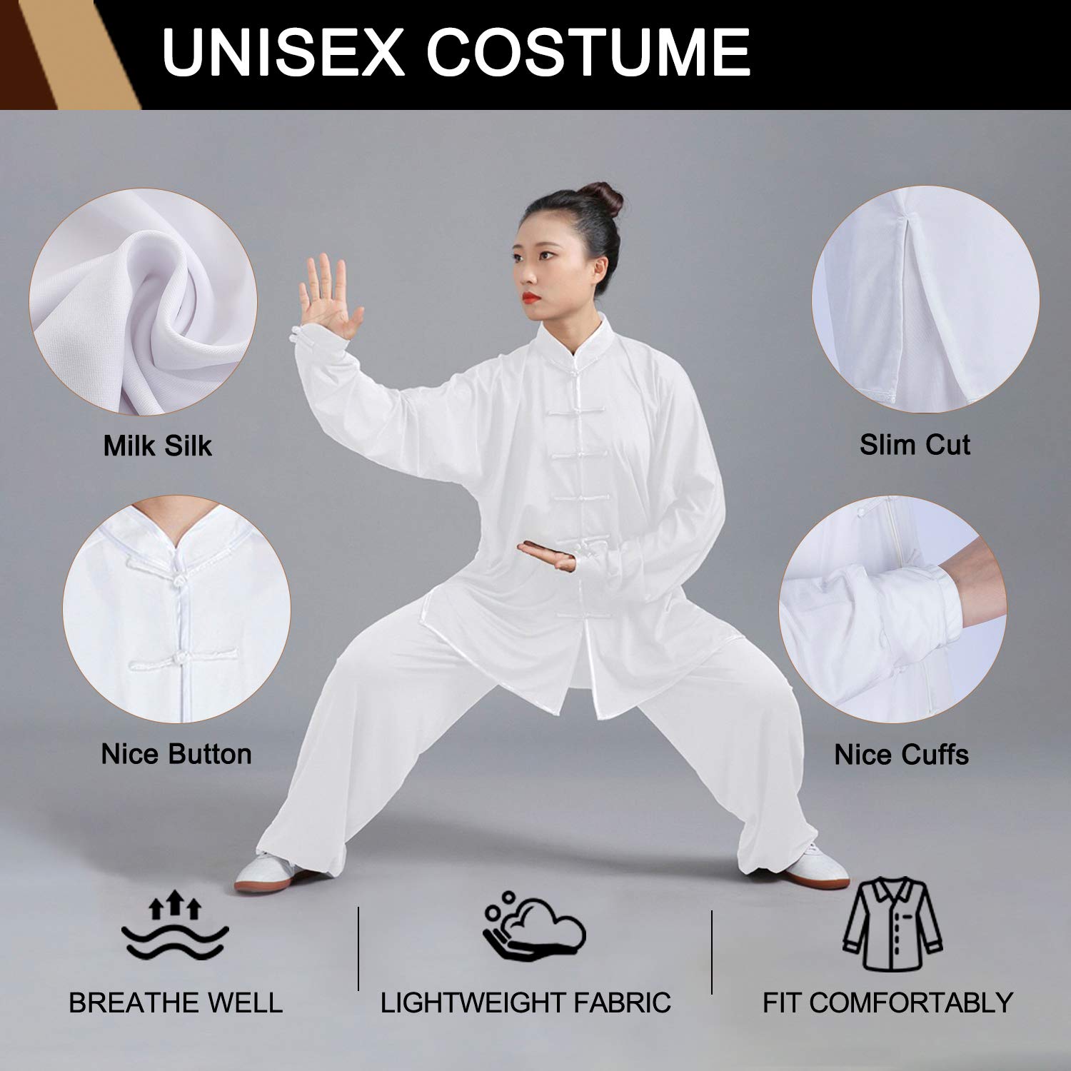 BBLAC 2KEY Vêtements d'arts martiaux | Uniformes traditionnels chinois pour Tai Chi et Wing Chun | Costume unisexe fabriqué en soie de lait | Costumes légers pour la méditation et le qigong
