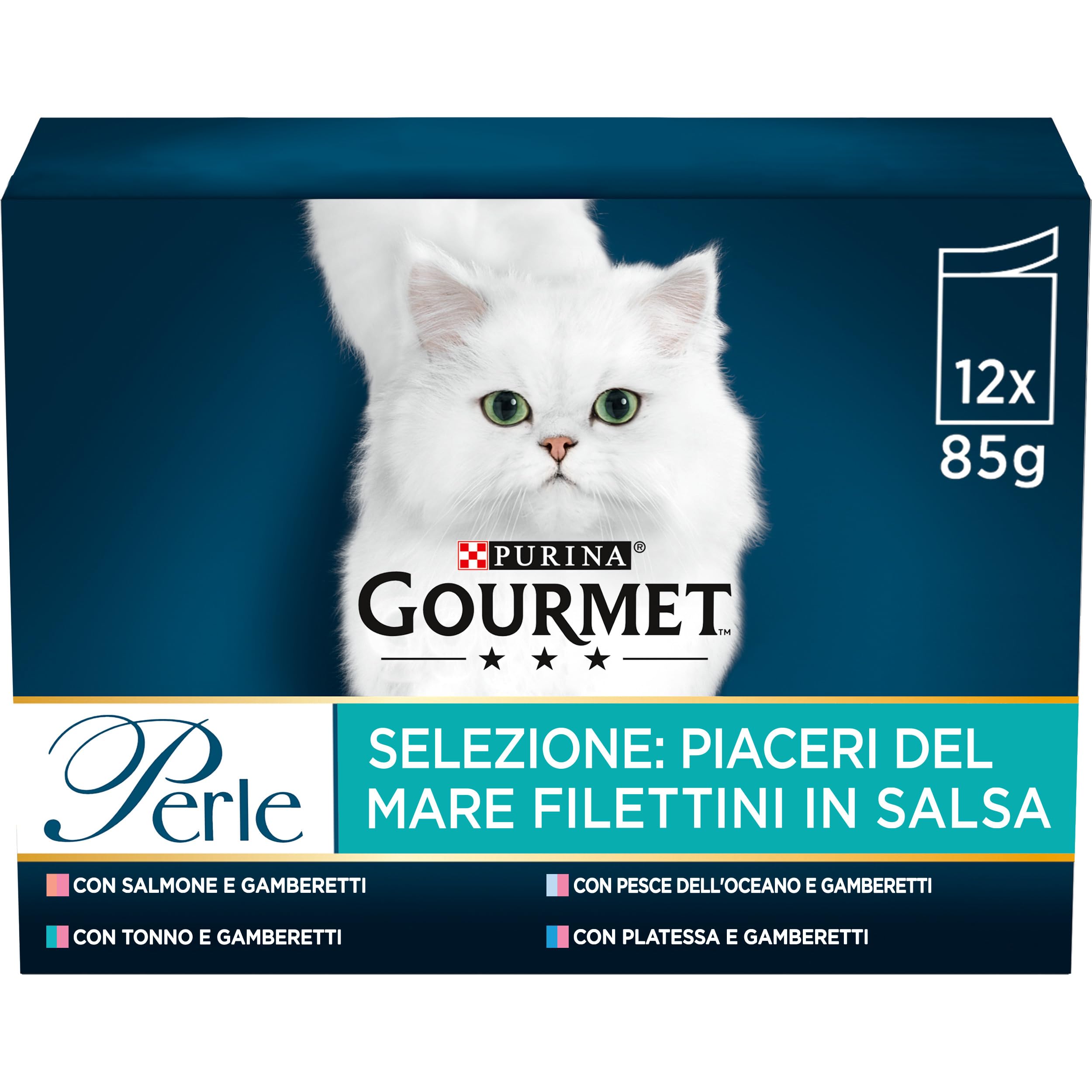 Gourmet Perle Umido Gatto Filettini in Salsa con Pesce dell'Oceano, Platessa, Salmone, Tonno con Gamberetti - 72Buste da 85 g Ciascuna (6 Confezioni da 12 x 85 g)