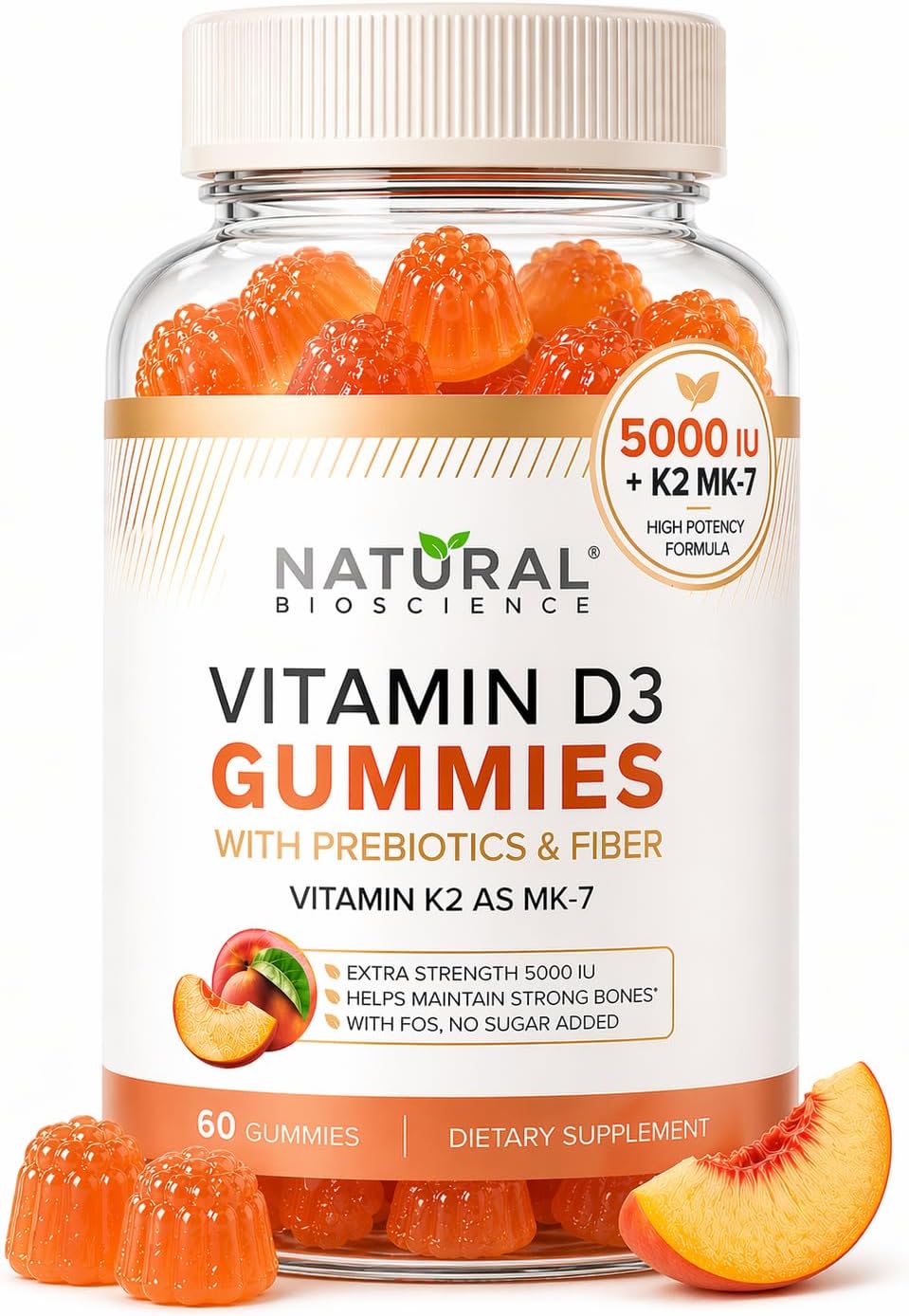 Sugar Free Vitamin D3 K2 Gummies 5000 IU + K2 MK7 80 mcg – Vitamin D Gummies for Adults with Prebiotics & Fiber – Supports Bones, Immune Health, Heart Health & Mood – Gluten Free, Natural Peach Flavor