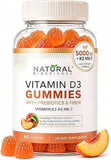 Sugar Free Vitamin D3 K2 Gummies 5000 IU + K2 MK7 80 mcg – Vitamin D Gummies for Adults with Prebiotics & Fiber – Supports Bones, Immune Health, Heart Health & Mood – Gluten Free, Natural Peach Flavor
