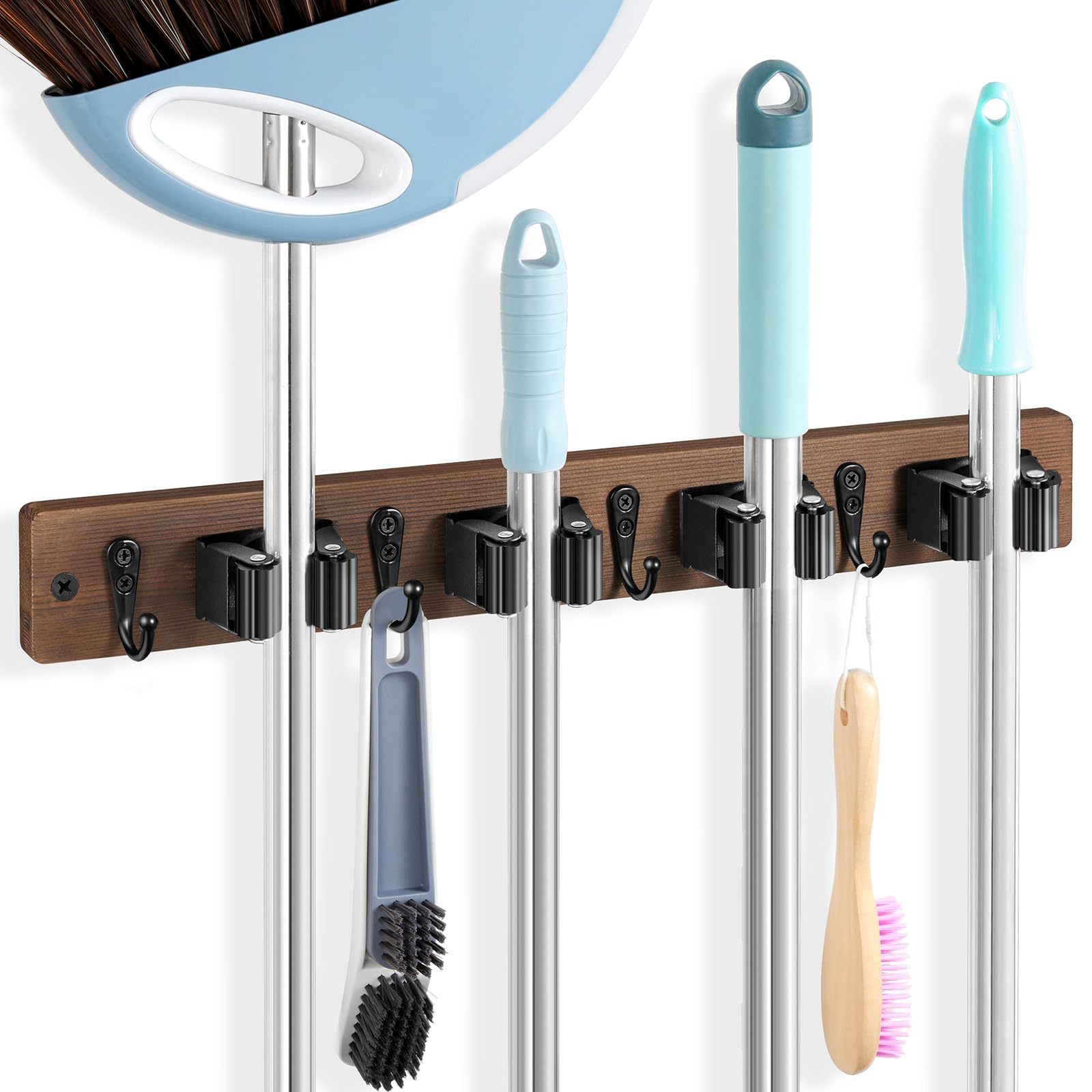 Soporte de pared para escobas, organizador de fregona y escoba de madera resistente con 4 ranuras y 4 ganchos, colgador de herramientas de jardín para lavandería, armario, cocina, garaje