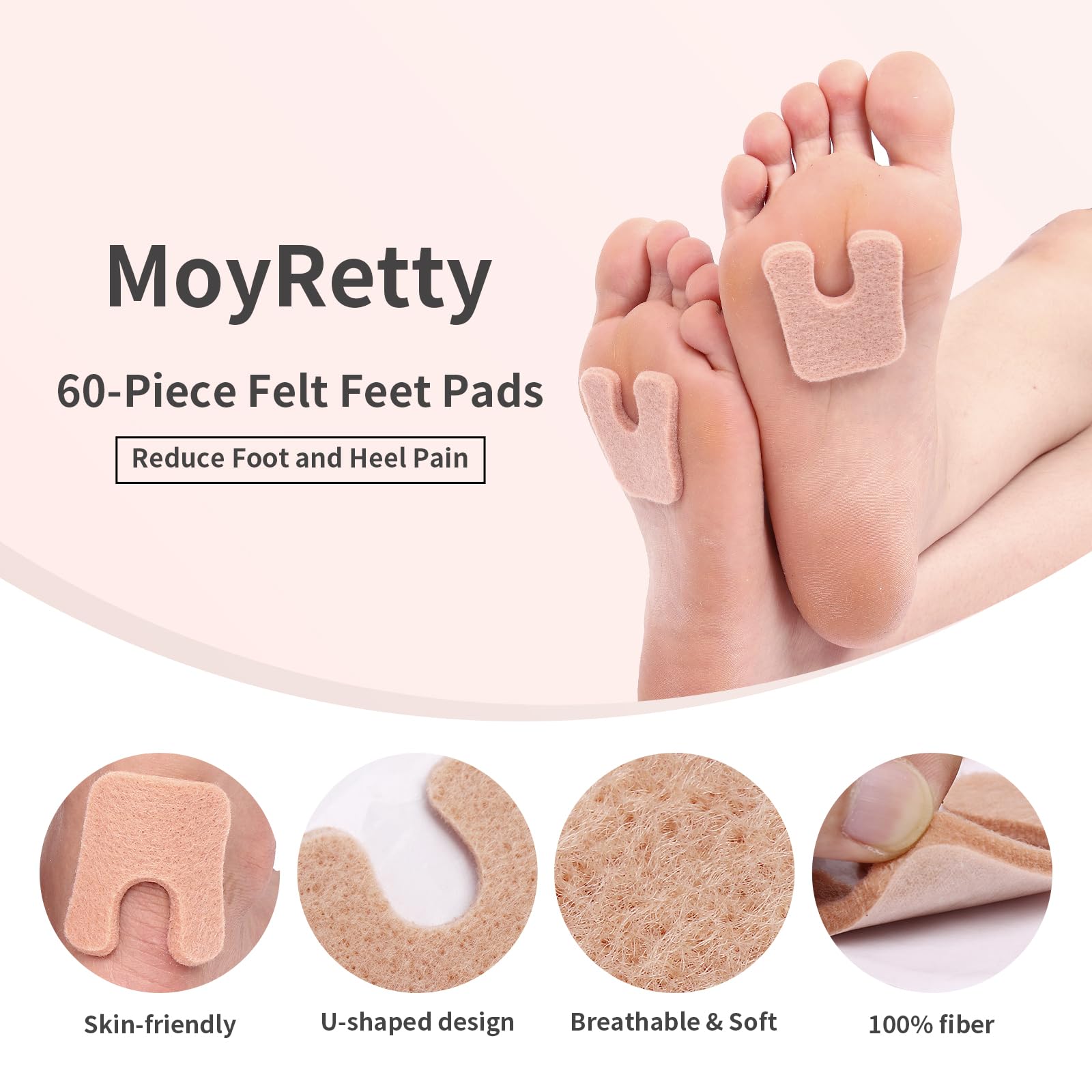 MoyRetty 60 almohadillas de fieltro en forma de U, almohadillas metatarsianas autoadhesivas que protegen los callos de roces en los zapatos, reducen el dolor de pies y talones