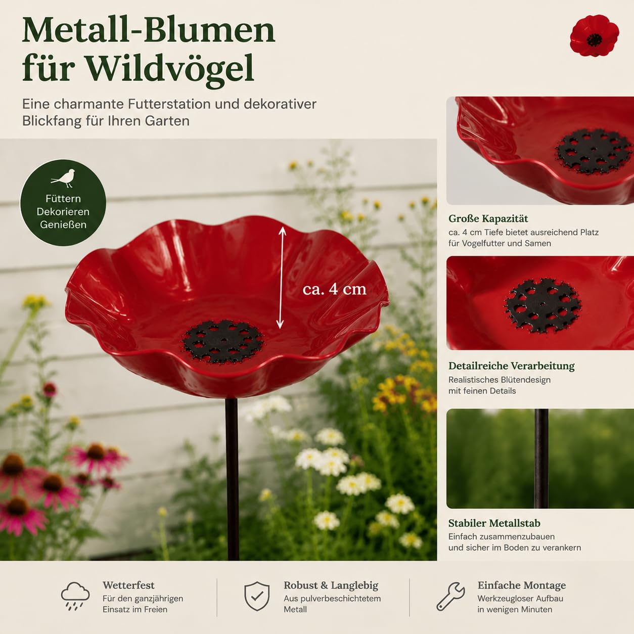 Vogeltränke Blume & Bienentränke aus Metall – Winterfest, Blumenform Gartenstecker, Wasser- & Futterstation für Vögel, Bienen & Schmetterlinge, Gartendeko Gartenstecker für Blumenbeet (4 IN 1)