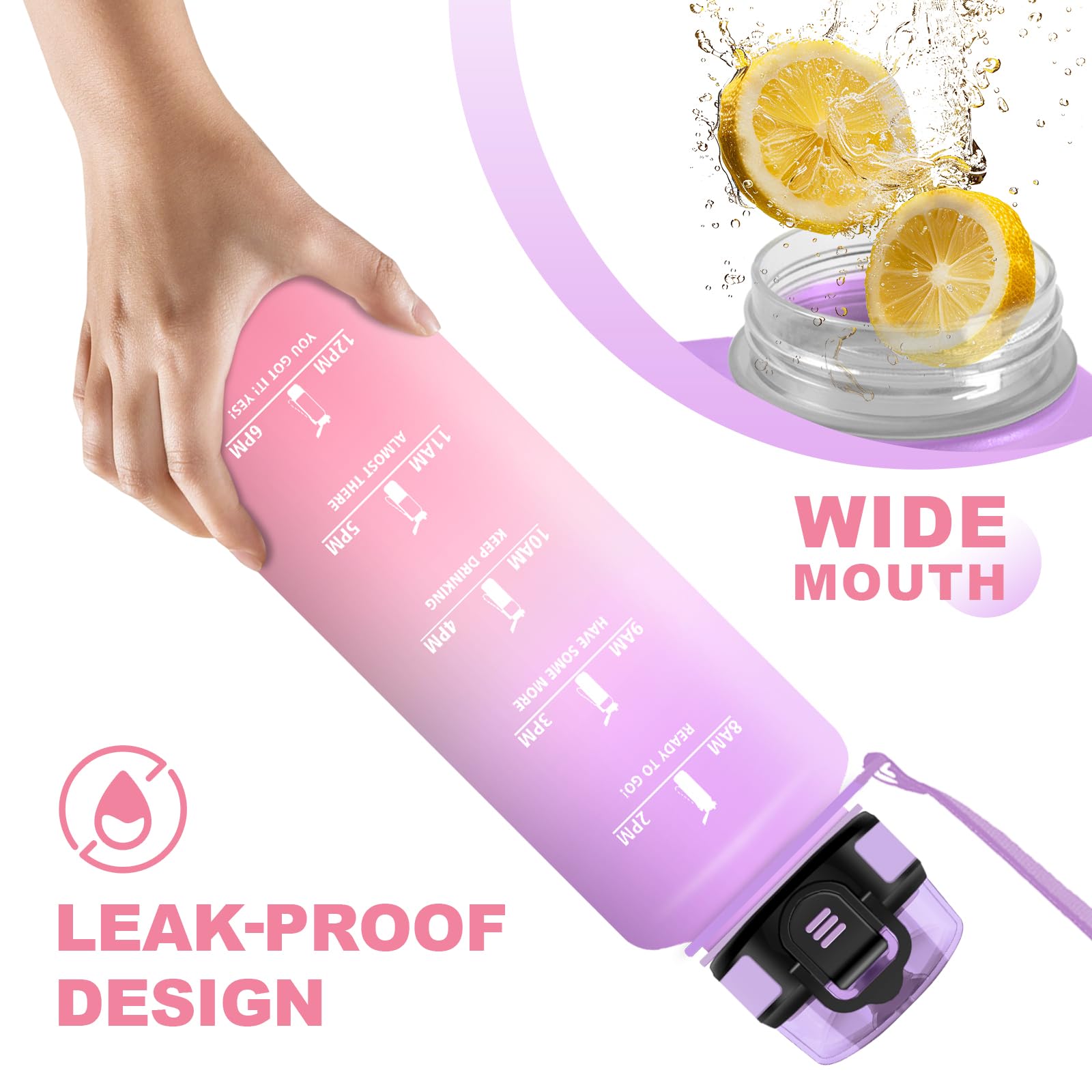 Borraccia Sport 1,5L, Bottiglia con Filtro Senza Perdite, Bottiglia Acqua Sportiva con Indicatore del Tempo, per Campeggio, Viaggio, Gym