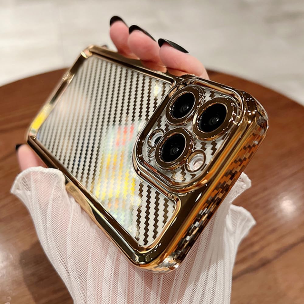 Coque iPhone 14 silicone transparent antichoc texture carbone et or