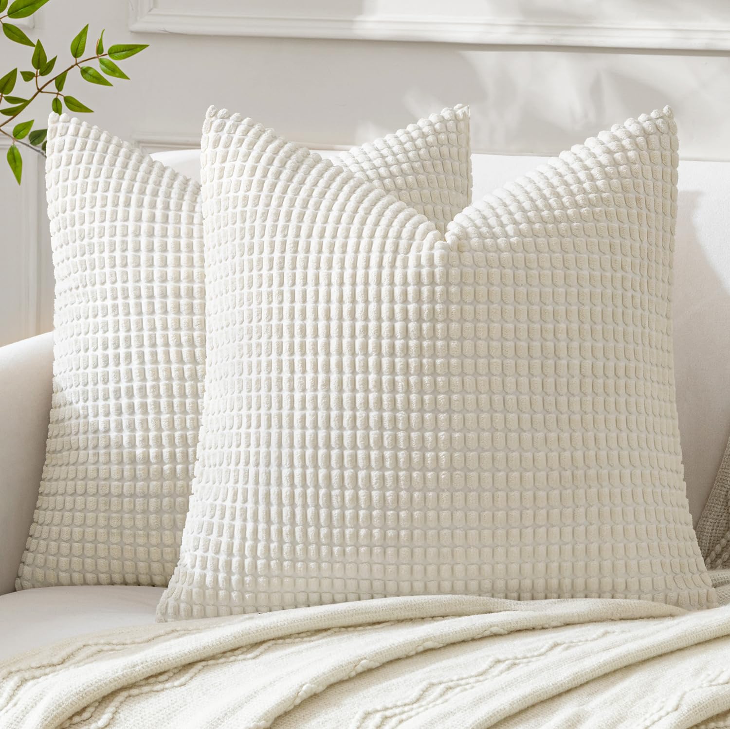 MIULEE Cushion Covers 40 x 40 cm Decorative Corduroy Cream Cushions Throw Pillow Square 16 x 16 Inches Striped Solid for Sofa Couch Home Bedroom Set of 2