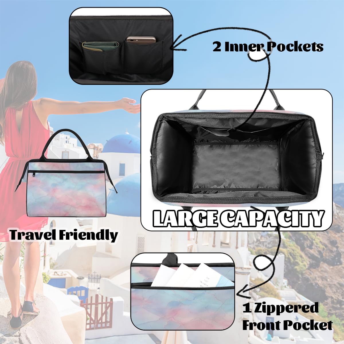 Borsa da palestra con texture marmorizzata blu e rosa per uomini e donne, borsone da viaggio sportivo borsone impermeabile per il fine settimana borsa da notte leggera da portare a mano tote