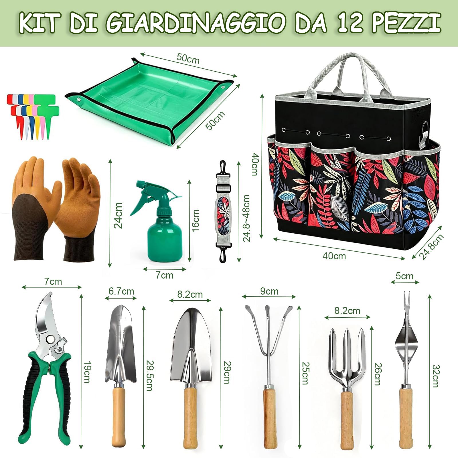 Set di Attrezzi da Giardinaggio 12 Pezzi, Utensili in Acciaio Inossidabile Anti-Ruggine con Manico in Legno Antiscivolo, per Trapiantare e Potare, Giardinaggio Regalo per Uomo e Donna