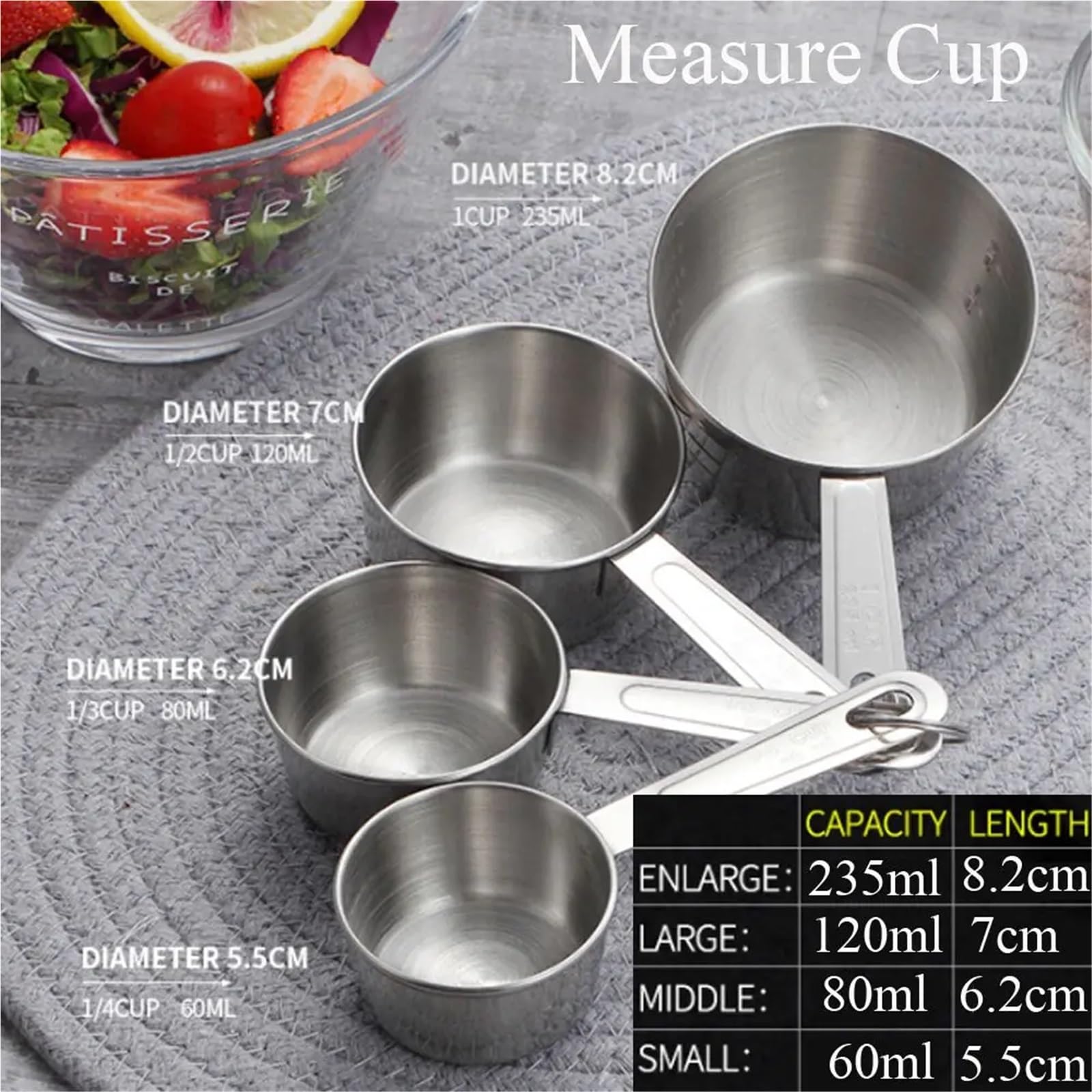 Set di 8 misurini in acciaio inox, cucchiai, cucchiaini for farina da forno, utensili cucina, strumenti misurazione per Dolci Ingredienti Cottura
