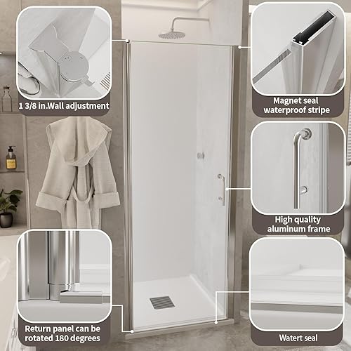 Miniatura 3 de Comfystyle Puerta de ducha pivote sin marco de 24-25.5 pulgadas de ancho x 72 pulgadas de alto, panel de ducha de vidrio transparente de 14