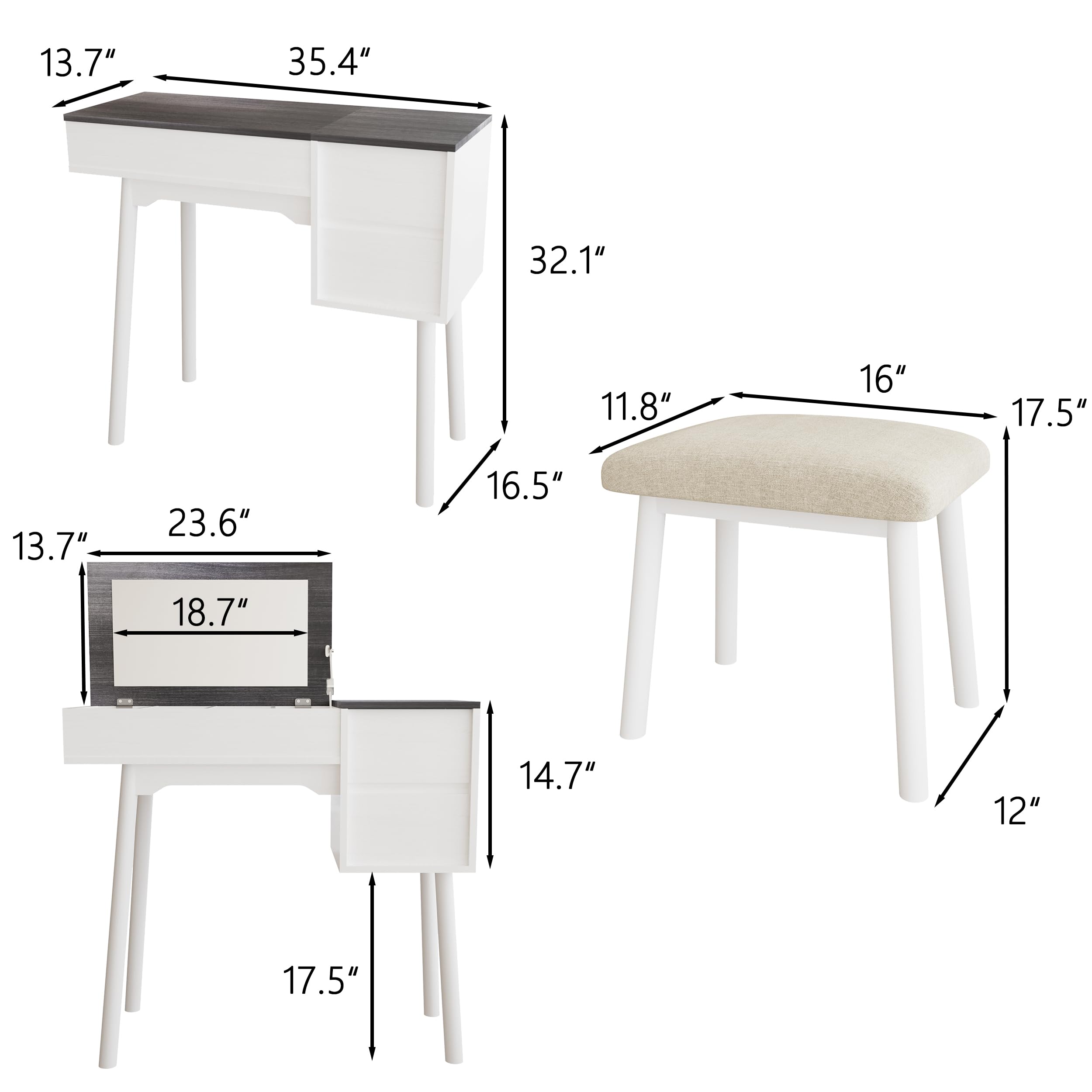Usinso Vanity Desk Table with Flip Top Mirror and Cushioned Stool, Makeup Desk with Mirror and 2 Drawers, Industrial Style Writing Desk with Stool for Living Room, Bedroom, Apartment