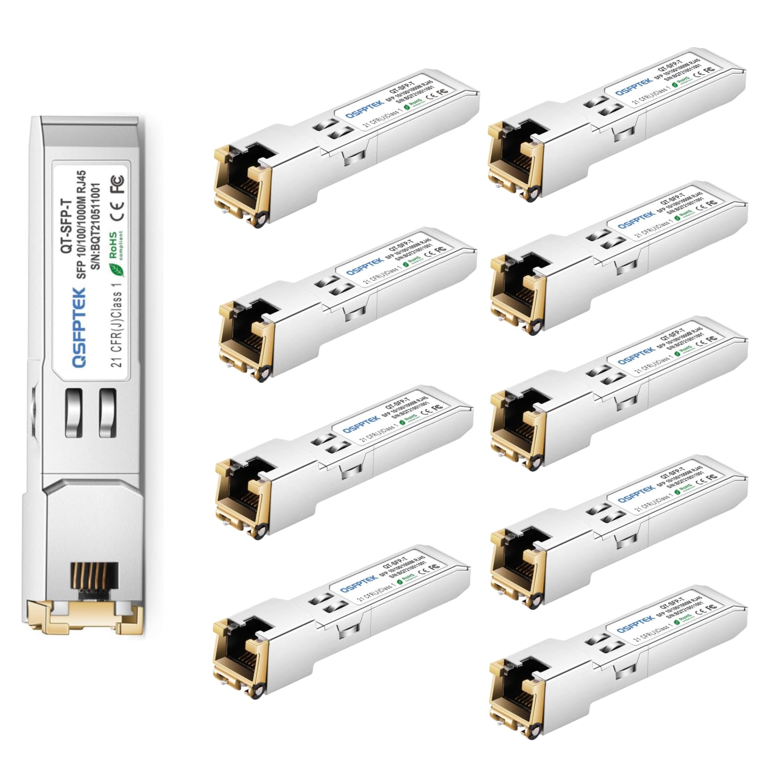 QSFPTEK 10Pack Gigabit 1000BASE-T SFP cuivre RJ45 10/100/1000BASE-T SFP vers RJ45 Mini-GBIC émetteur-récepteur pour Cisco GLC-T/SFP-GE-T, Mikrotik S-RJ01, jusqu'à 100m