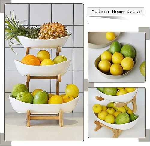 Miniatura 2 de Mangoton Cesta de frutas de 3 niveles para encimera de cocina, frutero de cerámica, cuencos de frutas grandes para almacenamiento de frutas y