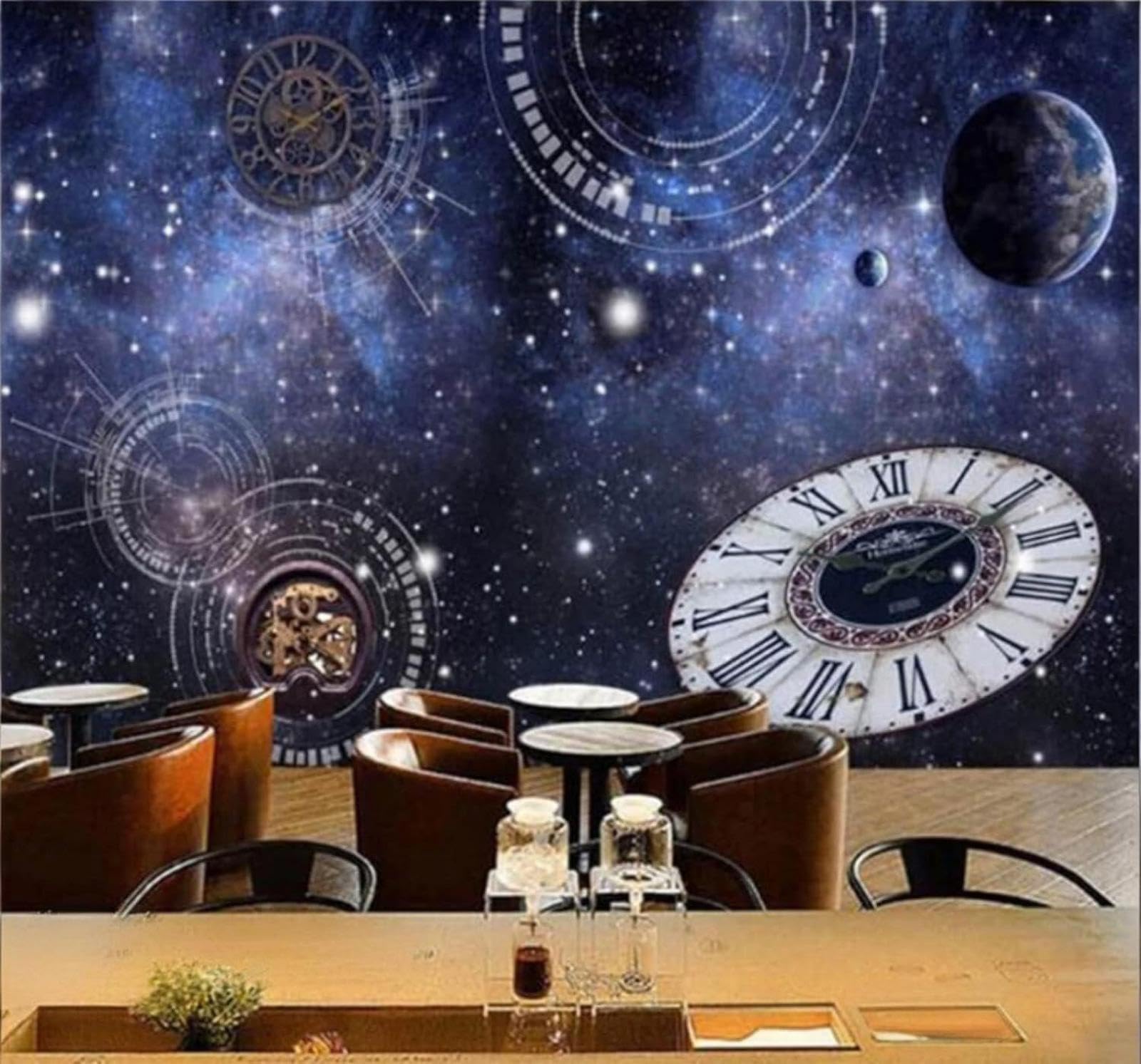 Wallpaper-3D-Xlm 350Cm×256Cm(B×H) Creative Blue Universe Starry Sky Clock 3D Wallpaper Easy Install Feature Office Living Room Sofa Bedroom Tv Background Wall Decoration-350Cm×256Cm