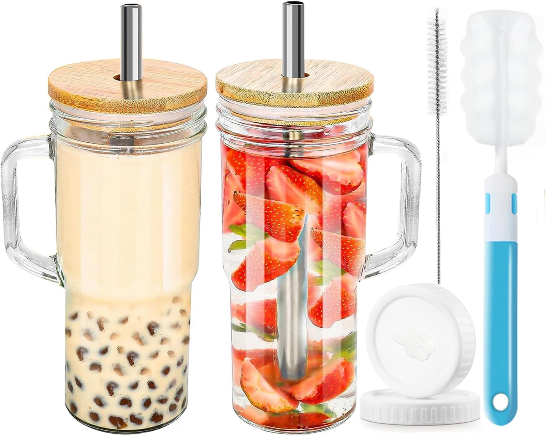 LENDIS Glass Cups with Lids and Straw (Set of 2), 24 oz Tumbler Cup Mason Jars Iced Coffee Cup with Bamboo Lid and Straw (B, 2 items)