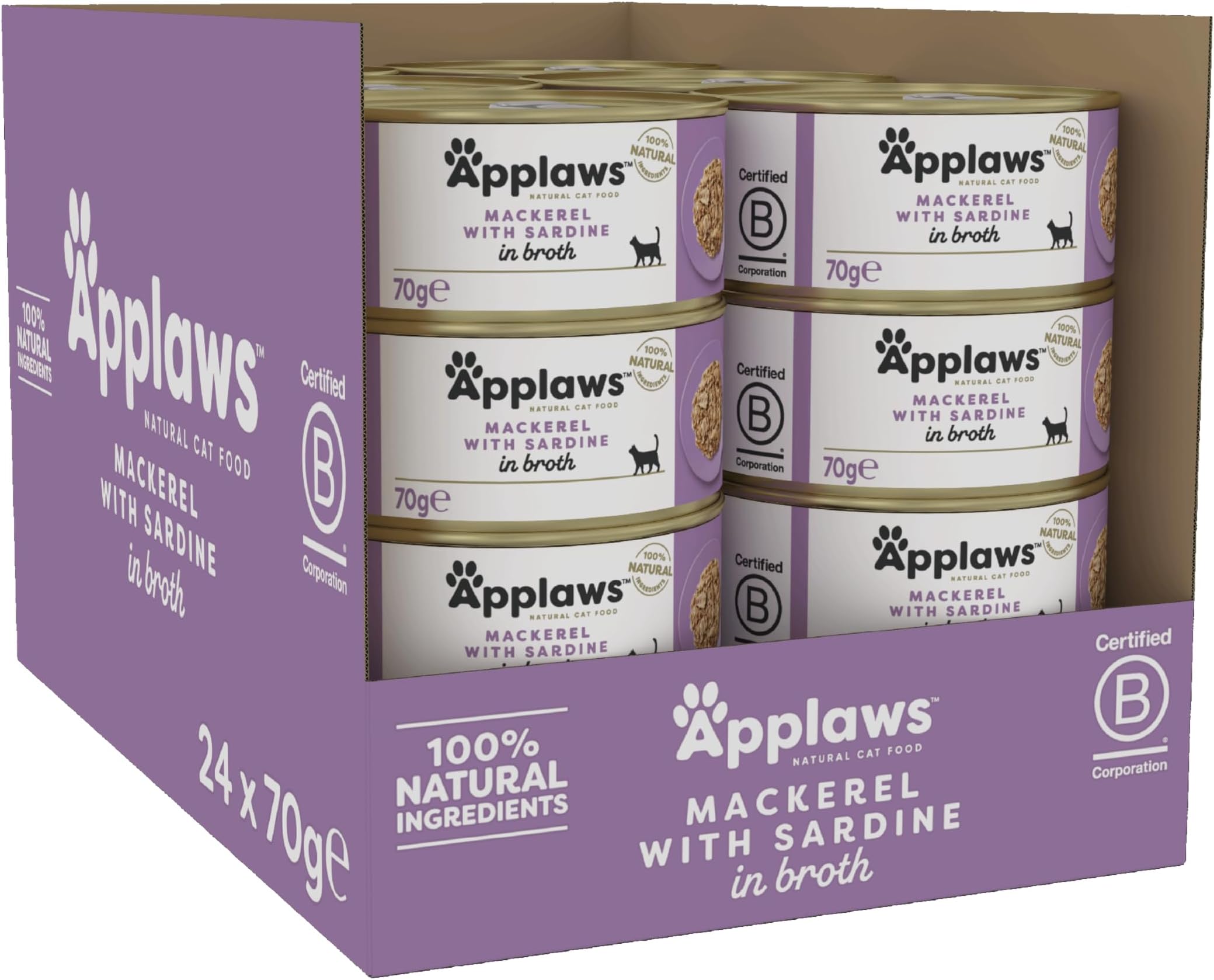 Applaws Natural Premium Wet Cat Food for Adult Cats, Mackerel with Sardine in Broth Pack of 24 x 70g Cans