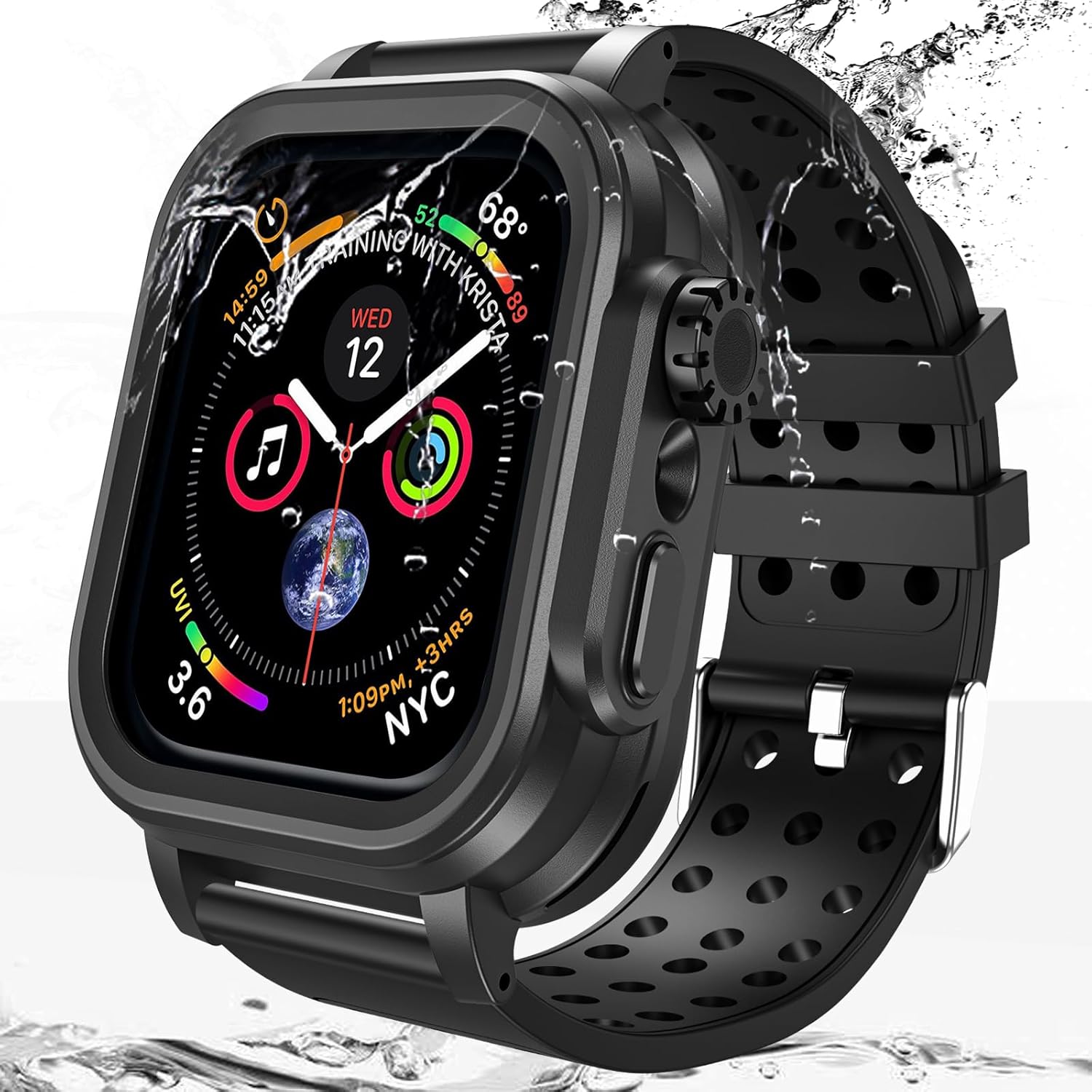 Hensinple IP68 Waterproof Case and Band for Apple Watch Series 3 42mm with Screen Protector,Heavy Duty Shockproof Bumper Durable Cover for Apple Watch Series 3 42mm Black
