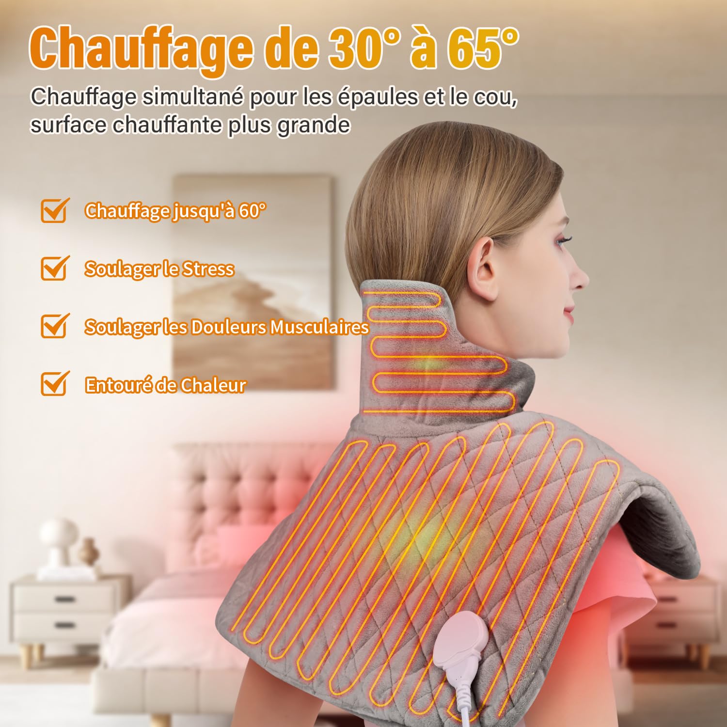 Onherm Coussin Chauffant Electrique Epaule et Nuque 48×58cm, 9 Niveaux de Chaleur Coussin Chauffant Cervicales et Dos, 1-4H Timer et Arrêt Automatique, Flanelle, Lavable en Machine