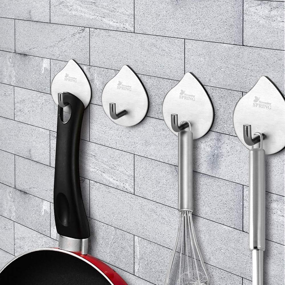 Kitchen Adhesive Hooks for Hanging Wall Towel Hooks Heavy Duty Stainless Steel Waterproof Hook Wall Hanger for Bathroom Office,Adhesive Coat Key Hook Stick on Wall (4 Pack)