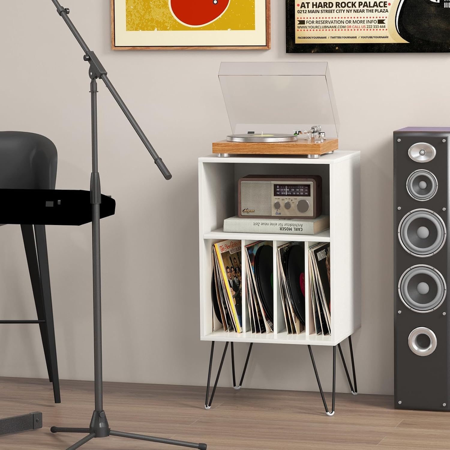 LOKO 3-Tier Record Player Stand, Turntable Stand with Charging Station, Vinyl Record Storage Table with Shelf & 4 Dividers, Turntable Display Shelf for Living Room, Bedroom (White)