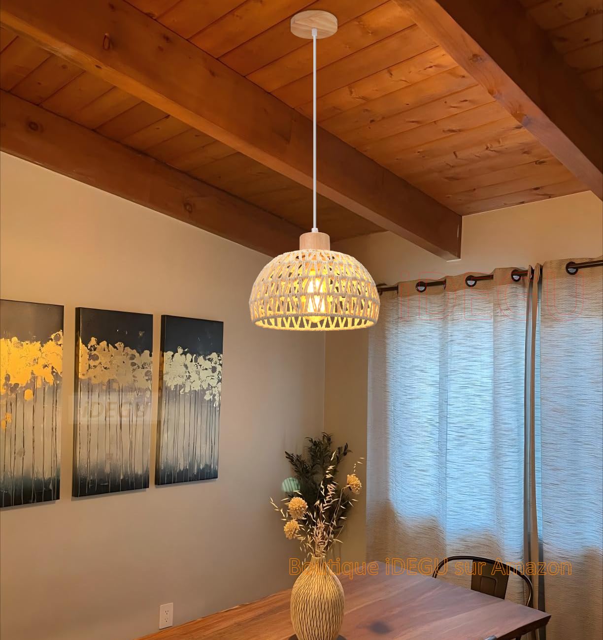 iDEGU Lustre Suspension Rétro Ø 25CM Suspension Luminaire Vintage Style Demi-Cercle Plafonnier E27 en Bois et Rotin Lampe Suspension pour Salon Chambre Salle à Manger Cuisine Café Bar (Blanc)