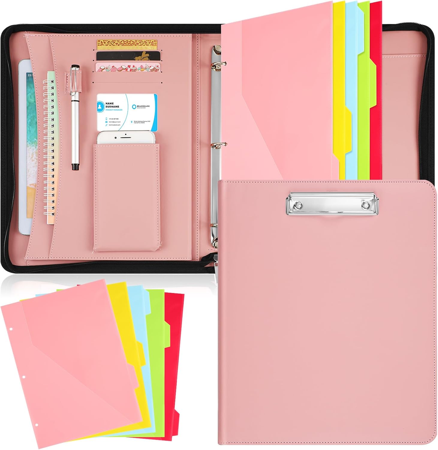 Gilprop Portfolio Binder Padfolio for Women Men Organizer with Zipper Leather Portfolio with 3 Ring Binder and 5 Folder Divider Pages for Tablet, Resume, Documents, Business Cards