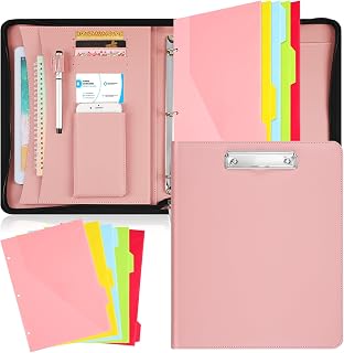 Portfolio Binder Padfolio for Women Men Organizer with Zipper Leather Portfolio with 3 Ring Binder and 5 Folder Divider Pages for Tablet, Resume, Documents, Business Cards