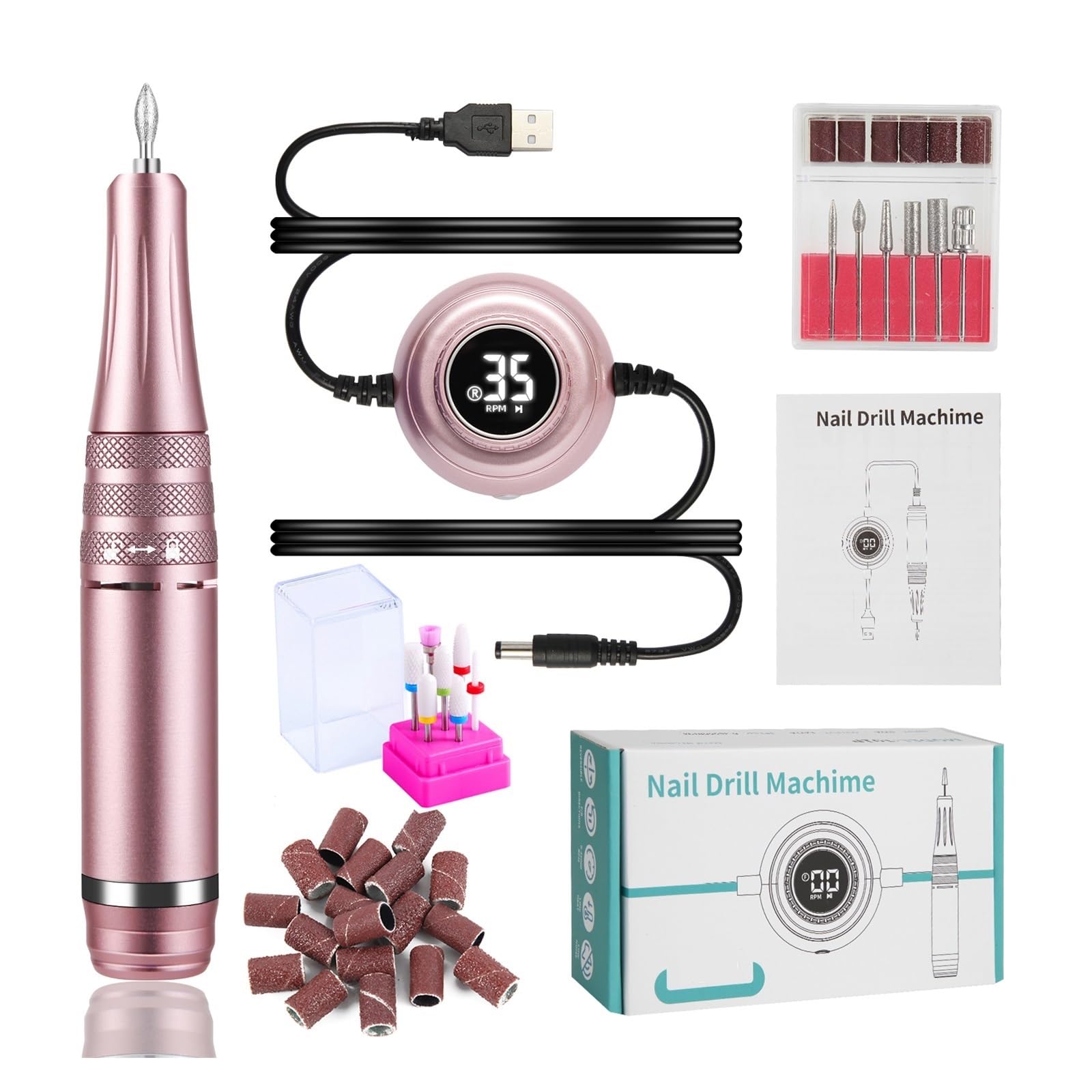 Trapano elettrico per unghie, Trapano for unghie 35000 RPM Macchina for manicure elettrica Pedicure Set di trapani for manicure Set di frese Set di strumenti for lima for unghie Design a basso rumore(