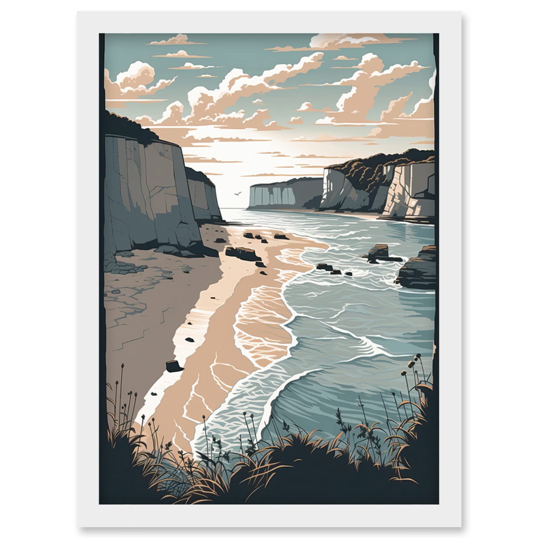 Artery8 Bay with Cliffs Pastel Colour Coastal Landscape Artwork Framed Wall Art Print A4
