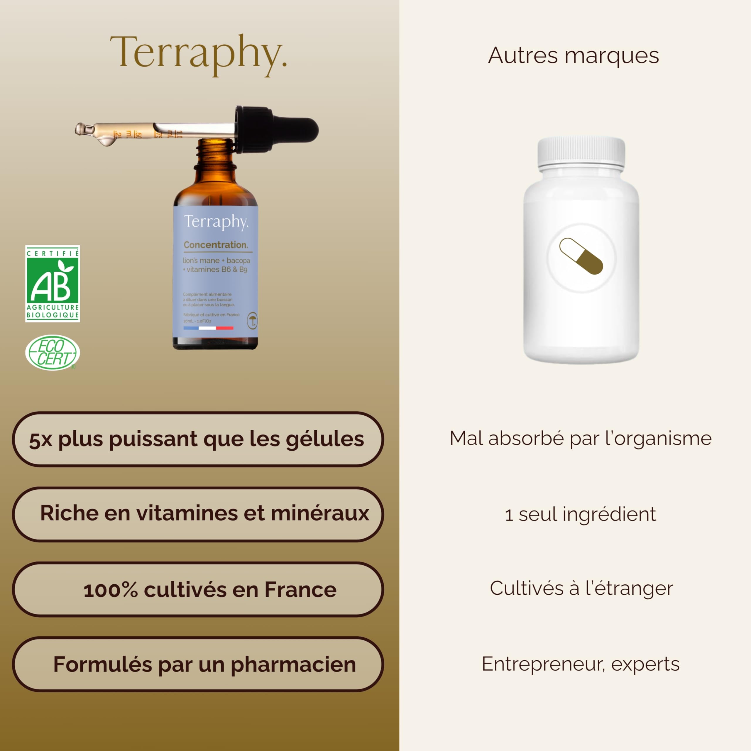 Cure Concentration 30 jours Champignons Adaptogènes - Lion’s Mane, Bacopa & Vitamines B6 B9 - Développe Focus, Mémoire et Clarté Mentale - Formule Liquide Bio Ultra Efficace