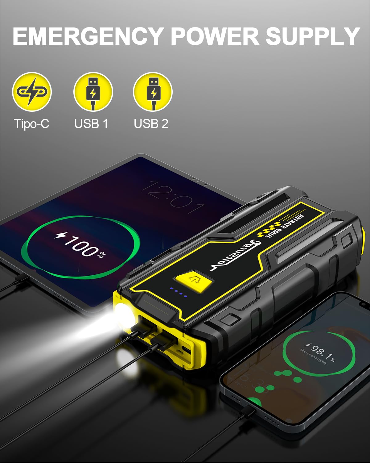 Avviatore Batteria Auto, 4000A Avviatore di Emergenza per Moto (per Motori Fino a 7.5L Benzina/5.0L Diesel) 12V Booster Avviamento Auto con Torcia a LED
