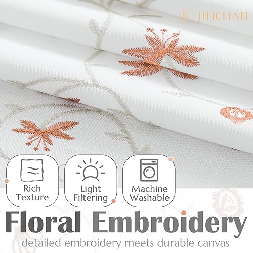 Miniatura 3 de JINCHAN Cortina de cenefa con bordado floral naranja coral de 45 pulgadas, cortina de ventana pequeña botánica de granja ajustable, cenefa rústica