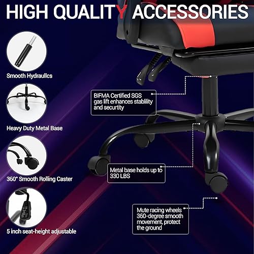 Miniatura 8 de Silla para videojuegos, silla de videojuegos con reposapiés y soporte lumbar de masaje, silla ergonómica de computadora ajustable en altura con