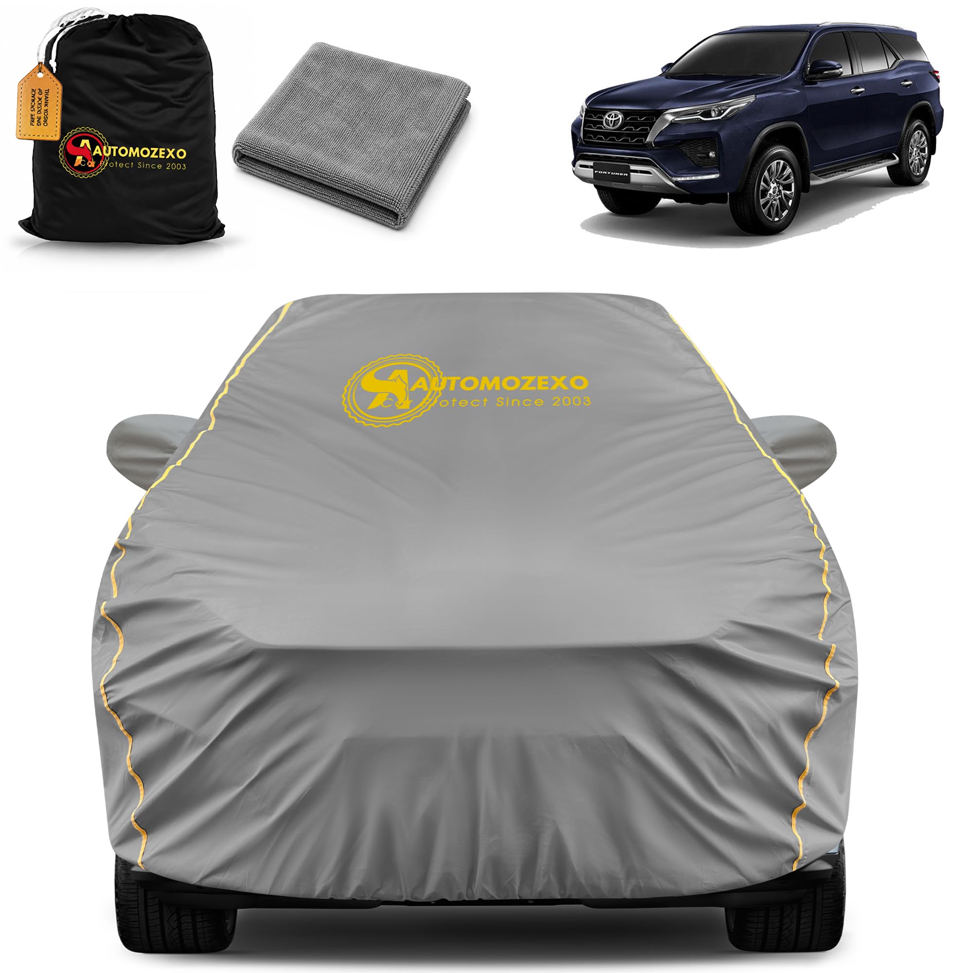 AUTOMOZEXO Toyota Fortuner Car Cover with Mirror Pocket Waterproof Inner Cotton Layer Adjustable Belt Bottom Elastic Triple Stitched Cover to Secure fit and Protect from All Indian Climates (Grey)-image-20