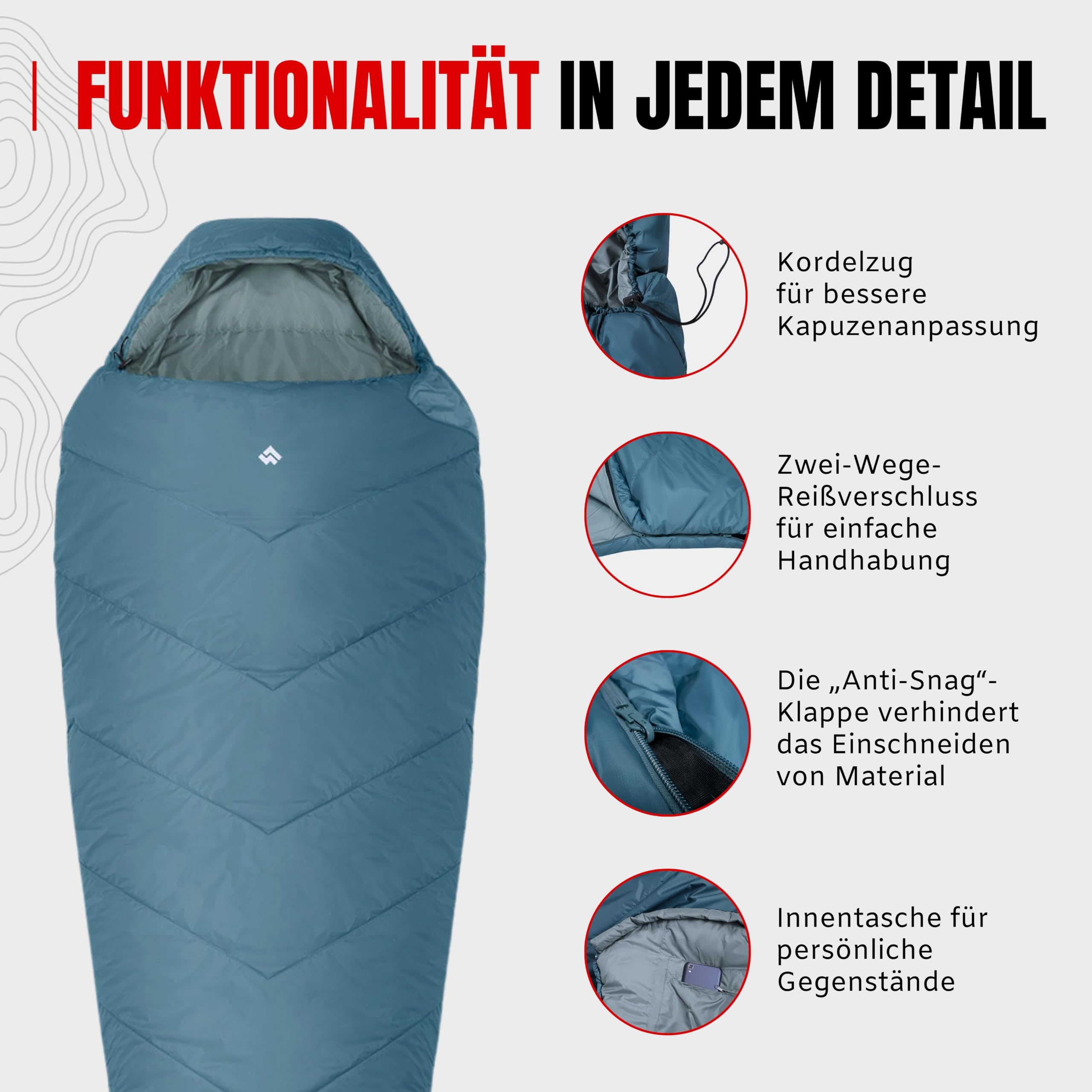 Alpinus - Śpiwór dla dorosłych Fiber Pro 1300, śpiwór, 215 x 80 cm, lekki śpiwór z dwukierunkowymi zamkami błyskawicznymi, śpiwór typu mumia ze ściśliwym pokrowcem, śpiwór kempingowy