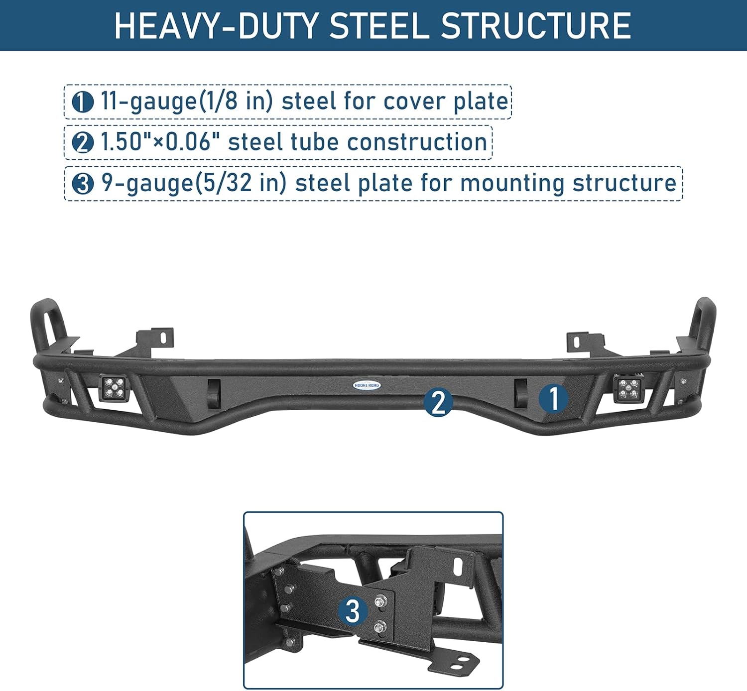 Hooke Road 4Runner Tubular Rear Bumper for 2010-2024 Toyota 4Runner 5th Gen, Offroad Steel Back Bumper with LED Lights and D-ring Mounts