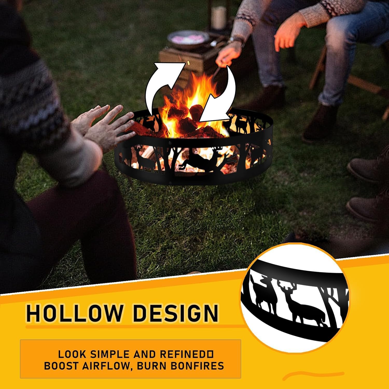 Fire Pit Ring 36 in Portable Steel for Camping Bonfire Beaches Burning Campfire Ring Fire Ring for Outside Backyard Smokeless Fire Pit with Forest and Animals Design