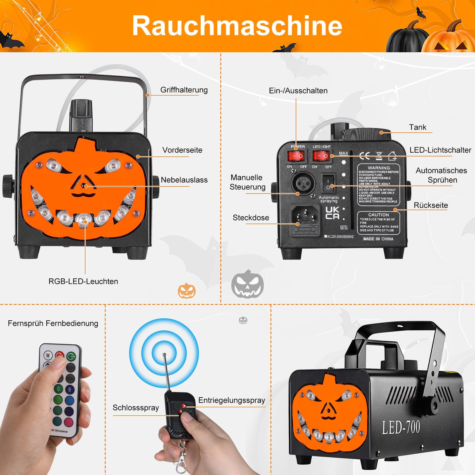 MAMIZO Machine à Fumée Halloween à Citrouille, avec 9 LED RGB et 13 Couleurs, 5000 CFM Fumée Halloween, Machine à Brouillard avec Fonction Auto-Spray, Portable, pour Halloween, Noël et Fêtes