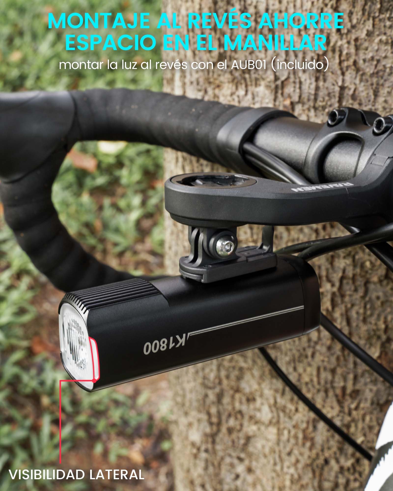 RAVEMEN 1800 Lúmenes Inteligente Faros Delanteros para Bicicleta, K1800 Modo de Conducción Inteligente Diurno y Nocturno Que Ajusta Automáticamente el Brillo, Carga y Descarga USB-C