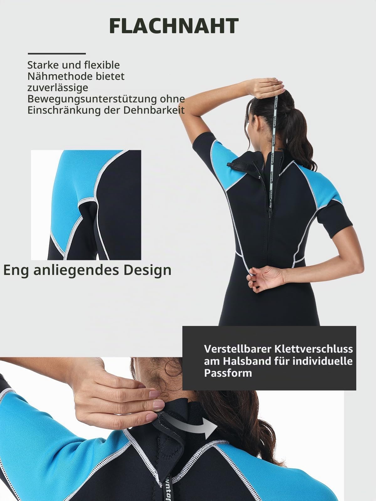 Owntop 1,5mm Shorty Neoprenanzug Damen Herren Kurz - Rücken-Reißverschluss Wetsuit zum Tauchen Surfen, Kurzarm Taucheranzüge Stretchen Neopren für Wassersport, Damen Blau XXL