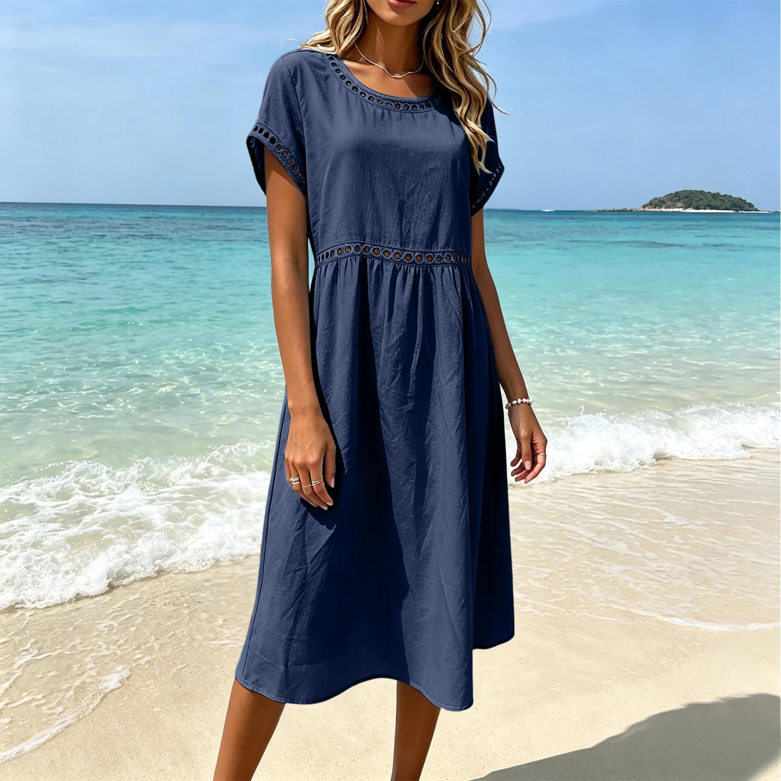 Abito Lino Donna Abito Estivo a Maniche a 3/4 Vacanza Comodo Taglie Forti Vestito Lungo in Cotone Scollo a V Largo Vestiti da Spiaggia Vestito Boho Chic Ideale per vacanze, lavoro e uso quotidiano