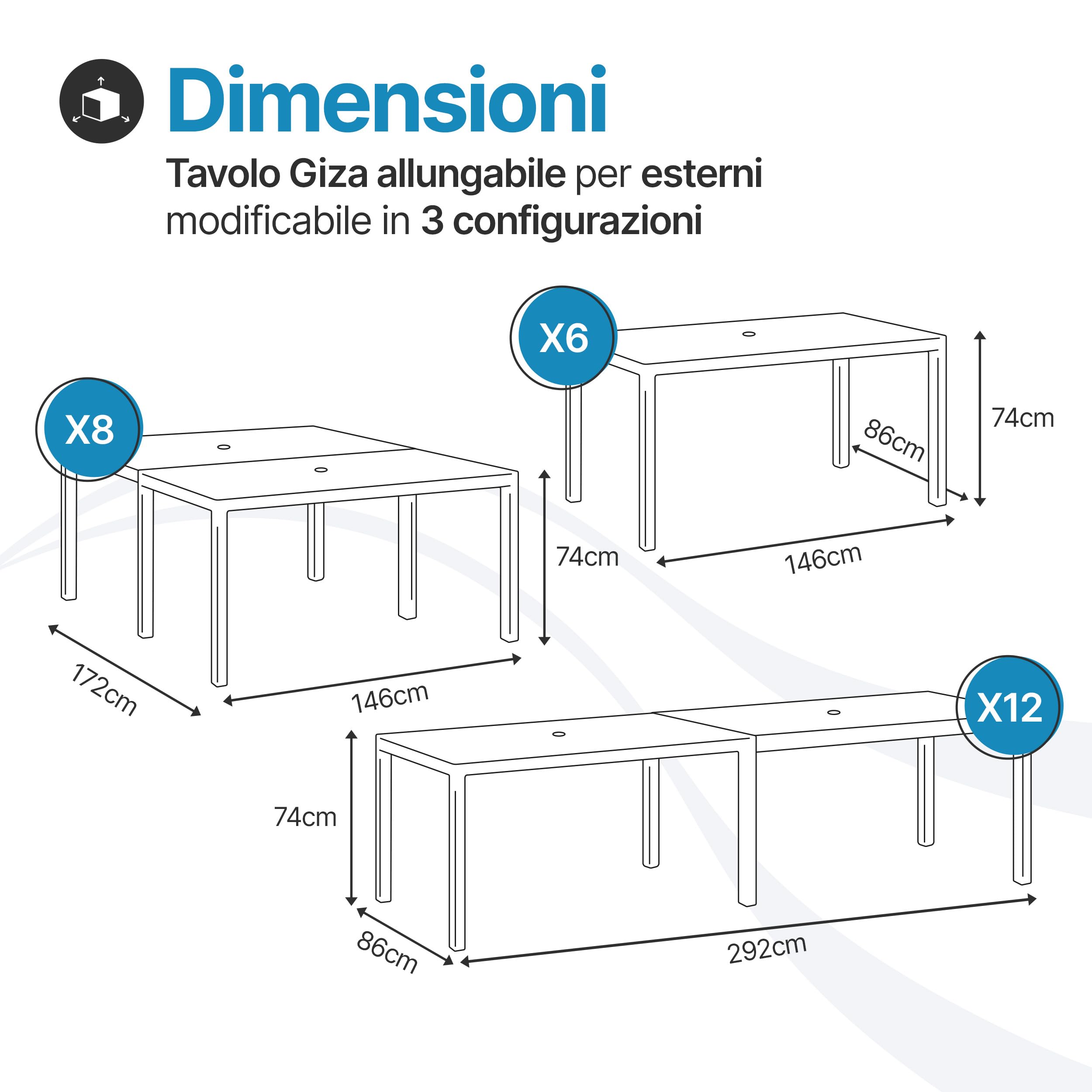 Tomaino - Tavolo Da Giardino Allungabile In Plastica 4-12 Posti - Tavolo da Esterno per Pranzo Rettangolare o Quadrato - Per Giardino, Veranda o Balcone - Bianco