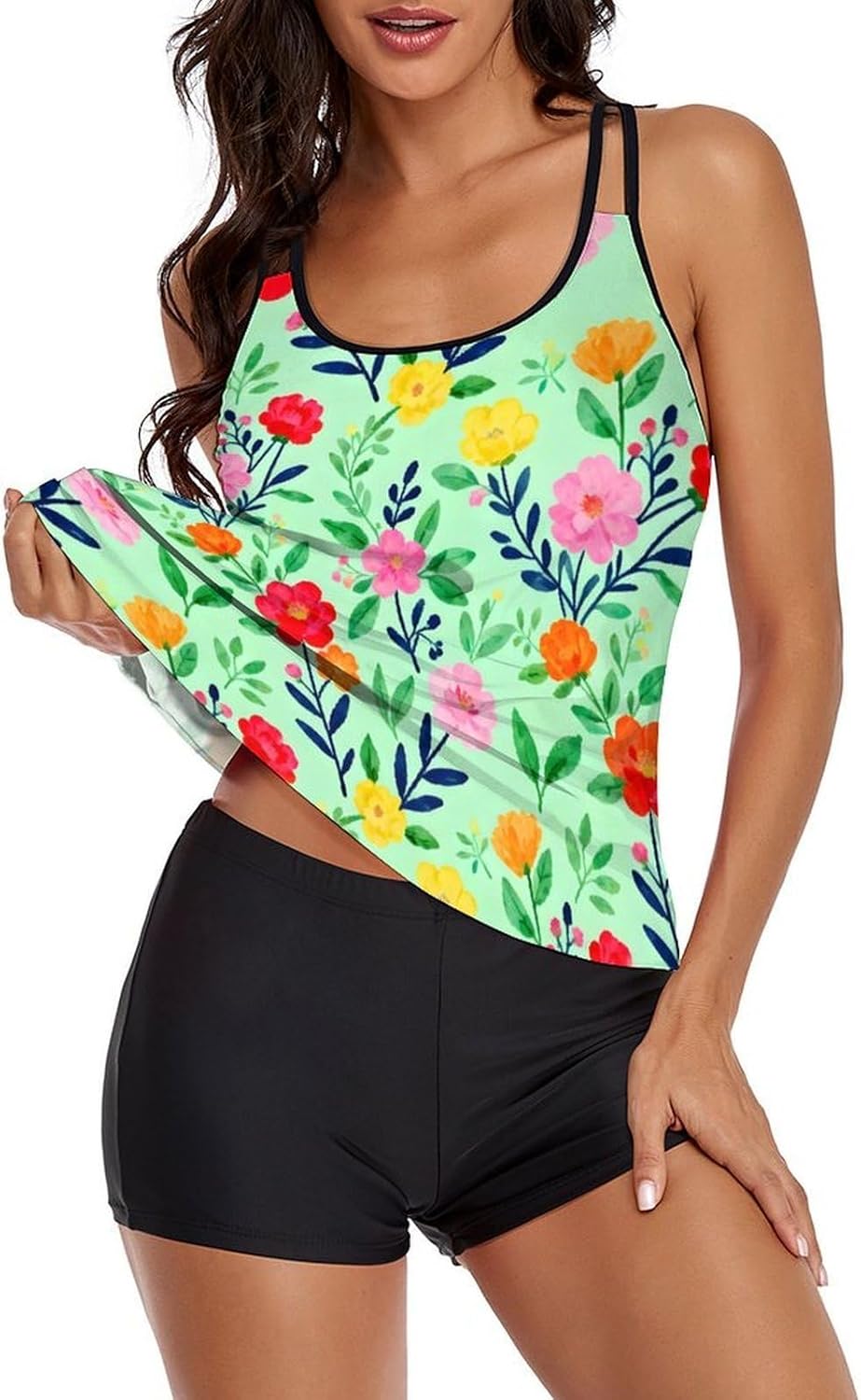 Women's Tummy Control Tankini Set, Loose Fit Tank Top with Shorts Modest Swimwear