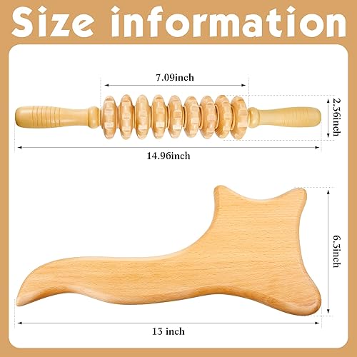 Miniatura 2 de 2 piezas de herramientas de masaje de madera Gua Sha Board 14.96 x 2.36+13 x 6.3 pulgadas, rodillos de masaje de madera de mano, herramienta de