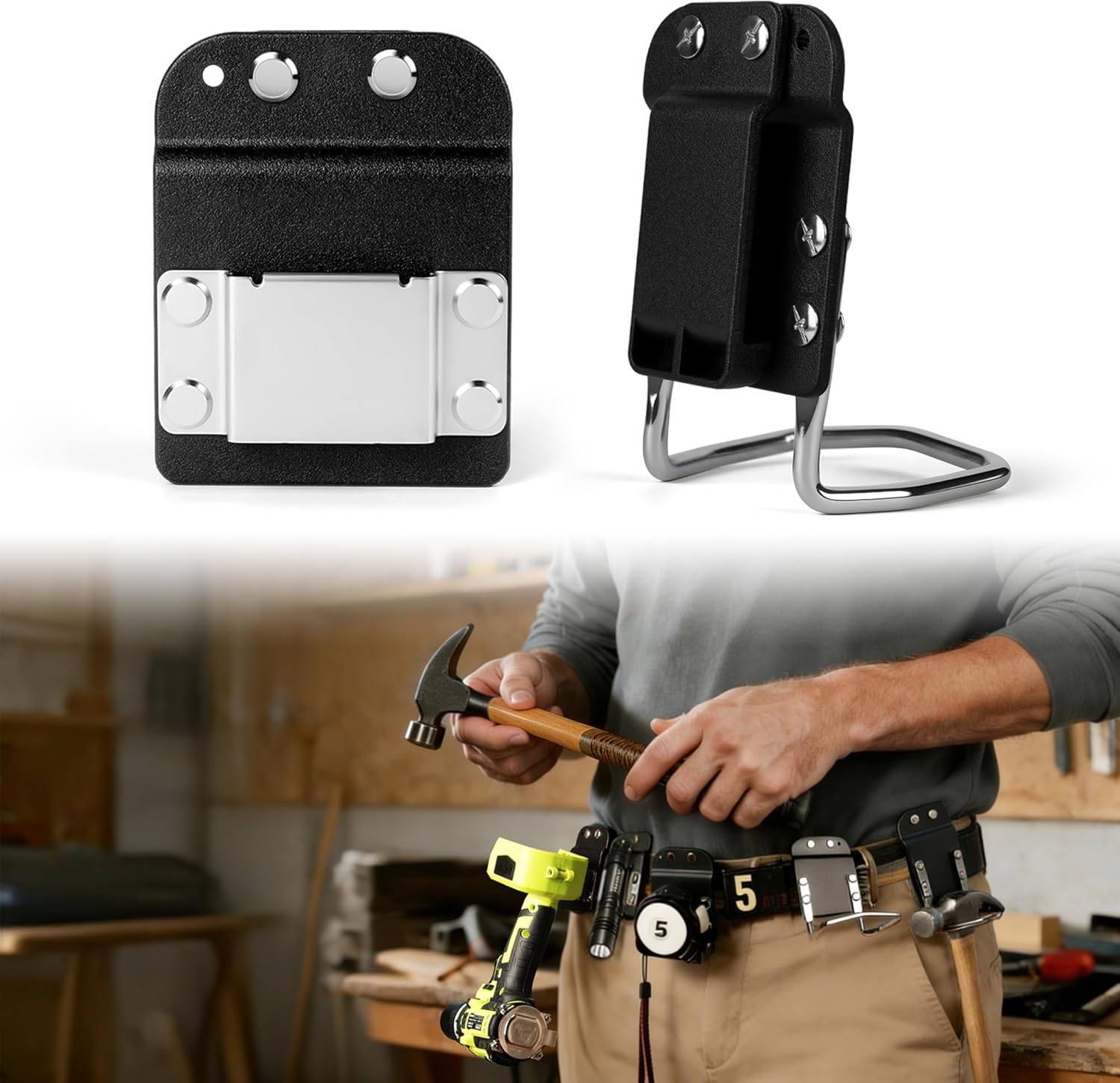 Heavy-Duty Tape Measure and Hammer Holder, Low-Profile Drill Belt Clip & Hammer Holster Fits Up to 2-Inch Belts, Quick Access for TapeMeasure, Electric Drill, Hammer, Pry Bar