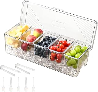 UniHIMO Large Chilled Condiment Caddy: Stackable 5-Compartment Ice Server with Lids for Picnics, BBQs & Fridge Storage