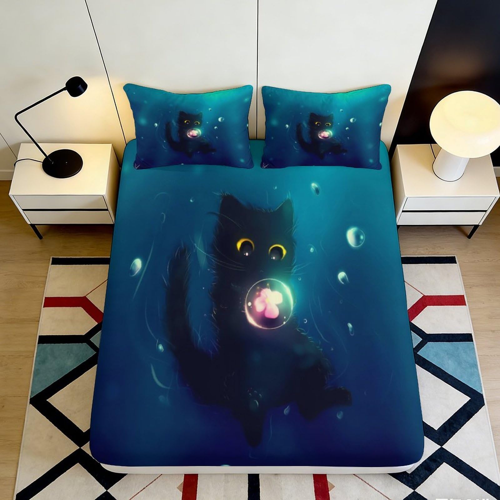 3D Printed Galaxy Cat Fitted Sheet Microfiber Soft Bedroom Mattress Cover for Home Dorm Guest Room Decor 200x200x25cm